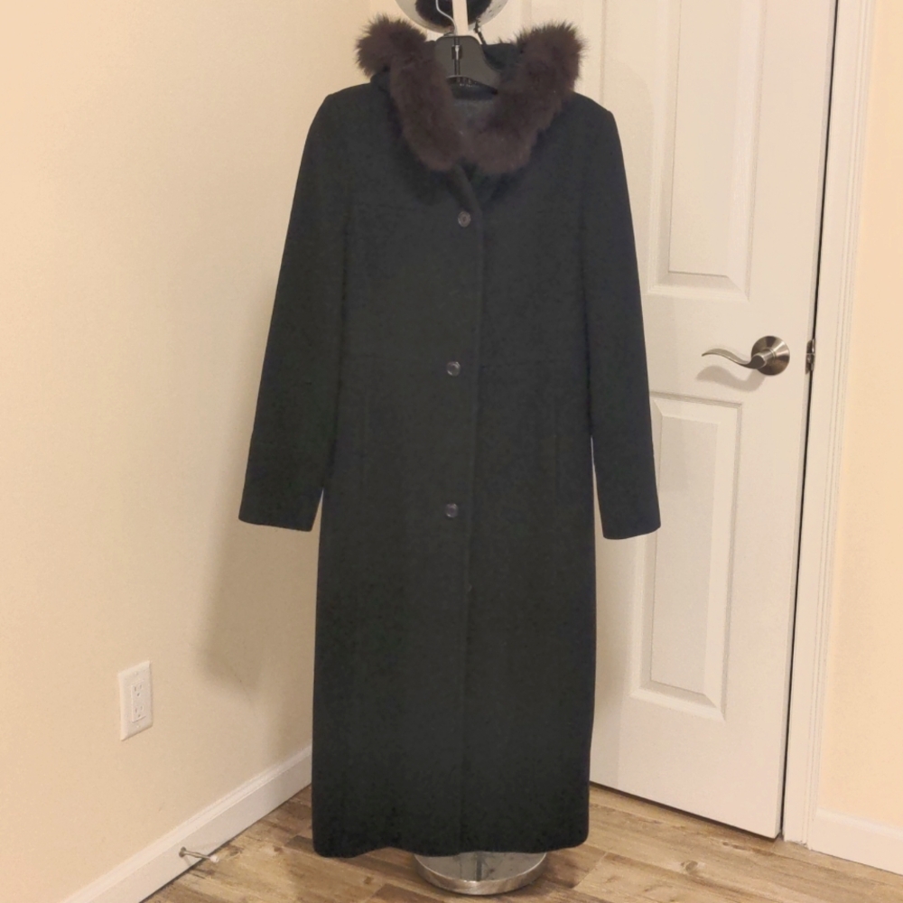 Steve by Searle Cashmere Blend Long Black Coat Fox Fur Trim Size 4